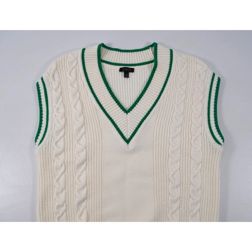 TALBOTS Sweater Vest Womens XS White Cable Knit V Neck Green Trim Preppy - Picture 5 of 13